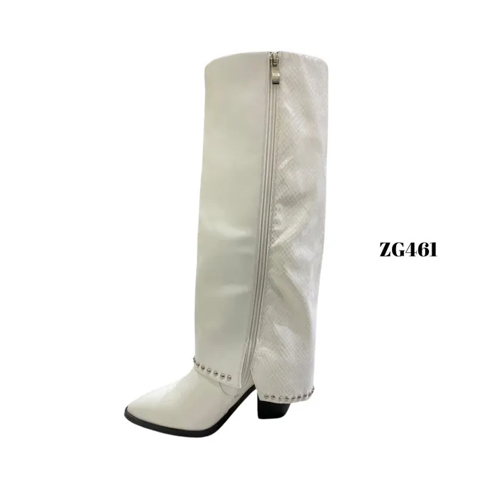 Bota texana blanco textura doblez apliques plateados tacon zg461-35