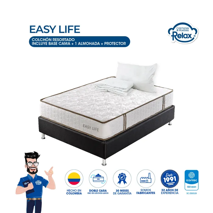 Combo Colchón Sencillo con Base Cama Easy Life Colchones Relax 100x190x22cm Ortopédico Resortado Firmeza Suave + 1 Almohada + 1 Protector MP colchon Easy Life sencillo+ base cama lona kodra sencilla + 1 almohada + protector