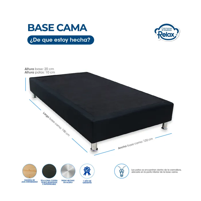 Combo Colchón Semidoble con Base Cama High Plus Colchones Relax 120x190x24cm Ortopédico Resortado Firmeza Suave + 1 Almohada + 1 Protector MP colchon High Plus semidoble + base cama lona kodra semidoble + 1 almohada + portector