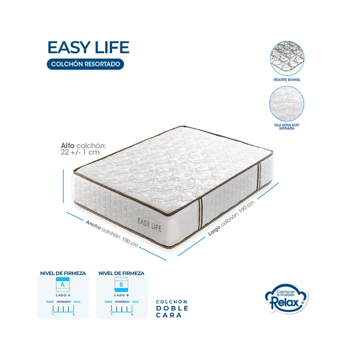 Colchón Sencillo Easy Life Colchones Relax 100x190x22cm Ortopédico Resortado Firmeza Suave MP colchon Easy Life sencillo