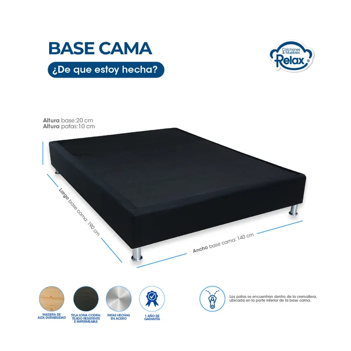 Combo Colchón Doble con Base Cama High Plus Colchones Relax 140x190x24cm Ortopédico Resortado Firmeza Suave + 2 Almohadas + 1 Protector MP colchon High Plus doble + base cama lona kodra doble + 2 almohadas + protector