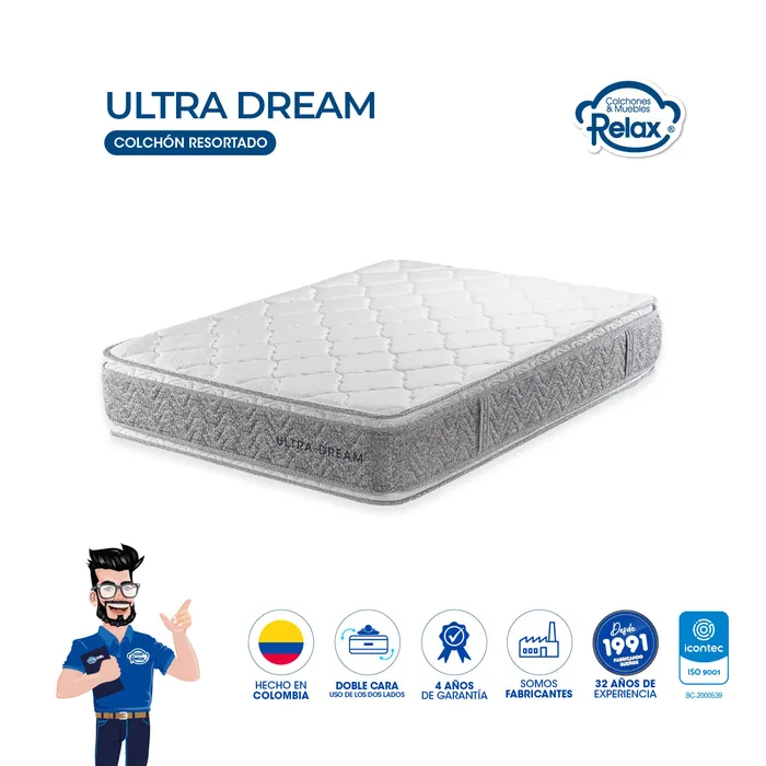 Colchón Queen Ultra Dream Colchones Relax 160x190x32cm Ortopédico Resortado Firme + 2 Almohadas + 1 Protector MP colchon Ultra Dream Queen + 2 almohadas + protector