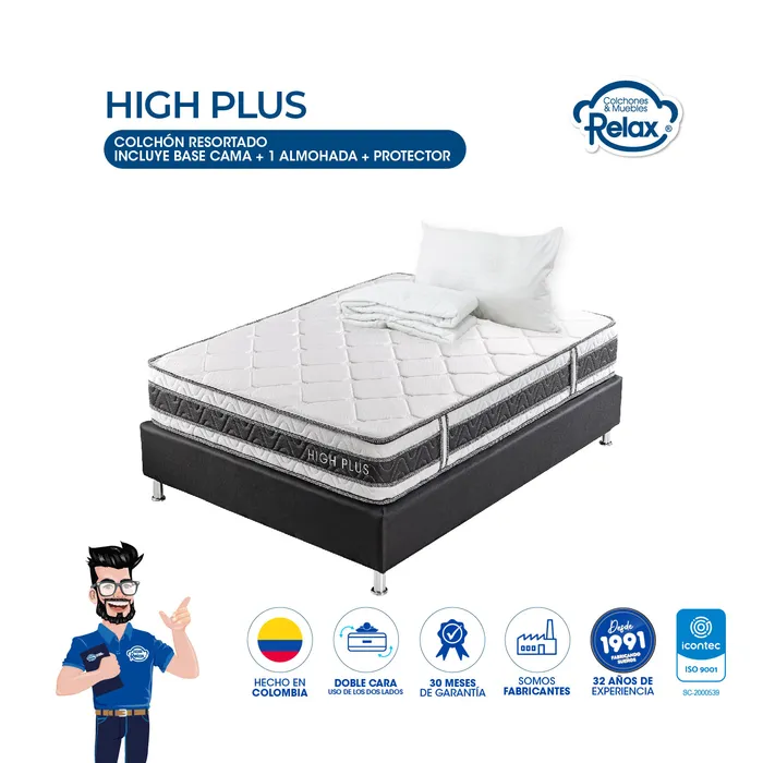 Combo Colchón Sencillo con Base Cama High Plus Colchones Relax 100x190x24cm Ortopédico Resortado Firmeza Suave + 1 Almohada + 1 Protector MP colchon High Plus sencillo+ base cama lona kodra sencilla + 1 almohada + protector