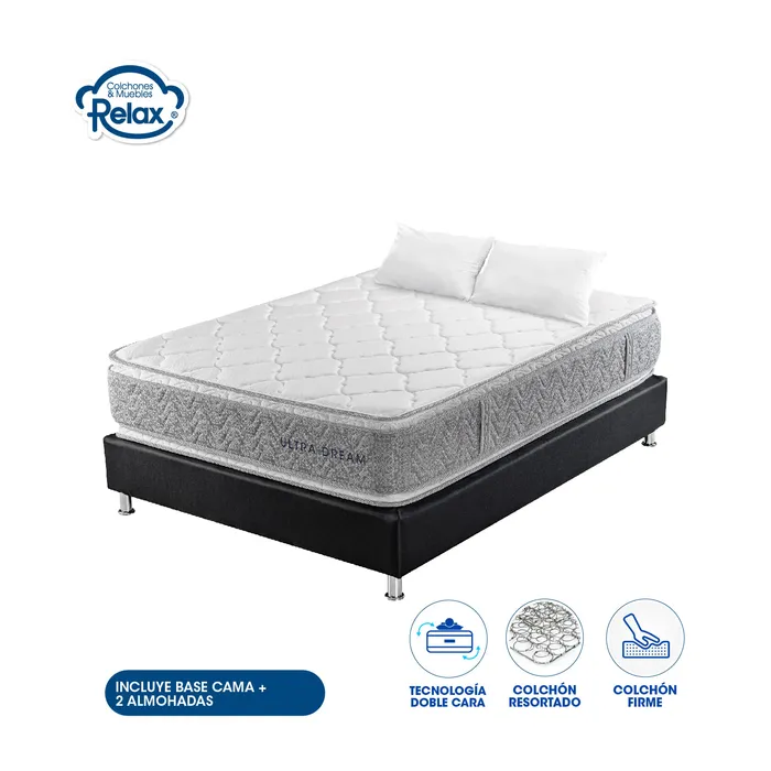 Combo Colchón King Con Base Cama Ultra Dream Colchones Relax 200x200x32cm Ortopédico Resortado Firme + 2 Almohadas MP colchon Ultra Dream King + 2 almohadas  + base cama lona kodra 200