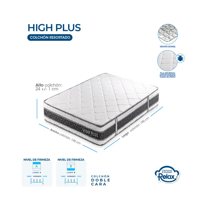 Colchón Semidoble High Plus Colchones Relax 120x190x24cm Ortopédico Resortado Firmeza Suave + 1 Almohada + 1 Protector MP colchon High Plus semidoble + 1 almohada + portector