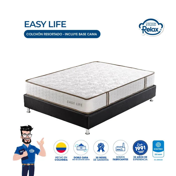 Combo Colchón Doble con Base Cama Easy Life Colchones Relax 140x190x22cm Ortopédico Resortado Firmeza Suave MP colchon Easy Life doble + base cama lona kodra doble