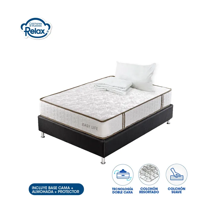 Combo Colchón Semidoble con Base Cama Easy Life Colchones Relax 120x190x22cm Ortopédico Resortado Firmeza Suave + 1 Almohada + 1 Protector MP colchon Easy Life semidoble + base cama lona kodra semidoble + 1 almohada + portector