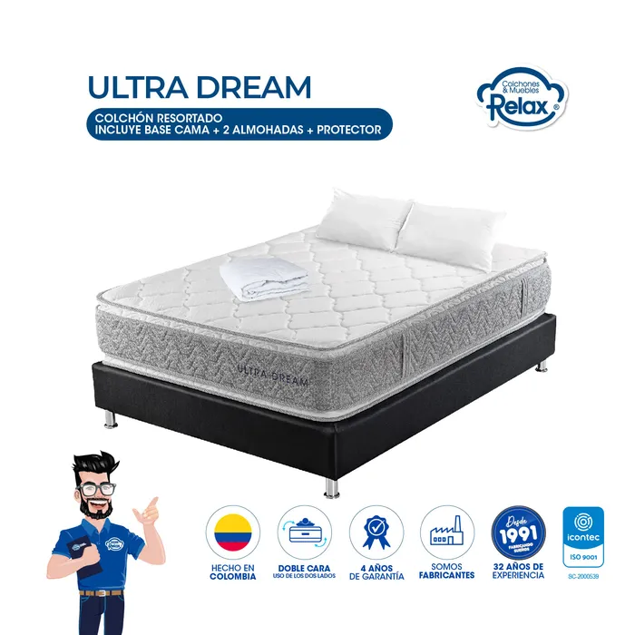 Combo Colchón Queen con Base Cama Ultra Dream Colchones Relax 160x190x32cm Ortopédico Resortado Firme + 2 Almohadas + 1 Protector MP colchon Ultra Dream Queen + 2 almohadas + protector + base cama lona kodra 160