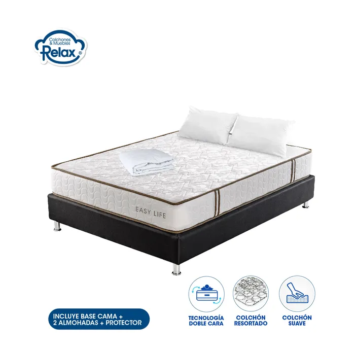 Combo Colchón Doble con Base Cama Easy Life Colchones Relax 140x190x22cm Ortopédico Resortado Firmeza Suave + 2 Almohadas + 1 Protector MP colchon Easy Life doble + base cama lona kodra doble + 2 almohadas + protector