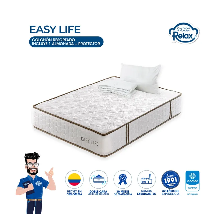 Colchón Sencillo Easy Life Colchones Relax 100x190x22cm Ortopédico Resortado Firmeza Suave + 1 Almohada + 1 Protector MP colchon Easy Life sencillo + 1 Almohada + portector