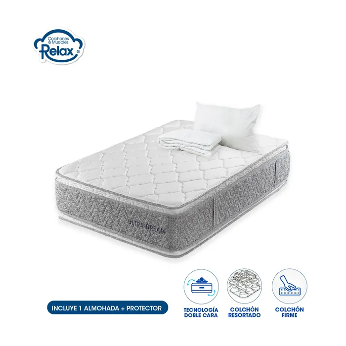 Colchón Semidoble Ultra Dream Colchones Relax 120x190x32cm Ortopédico Resortado Firme + 1 Almohada + 1 Protector MP colchon Ultra Dream semidoble + 1 almohada + portector