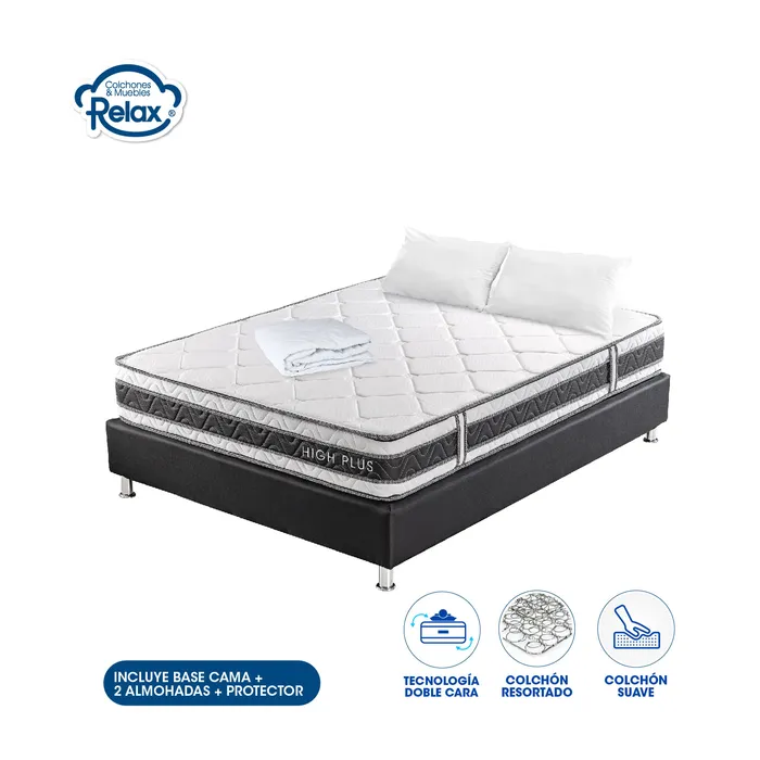 Combo Colchón Doble con Base Cama High Plus Colchones Relax 140x190x24cm Ortopédico Resortado Firmeza Suave + 2 Almohadas + 1 Protector MP colchon High Plus doble + base cama lona kodra doble + 2 almohadas + protector