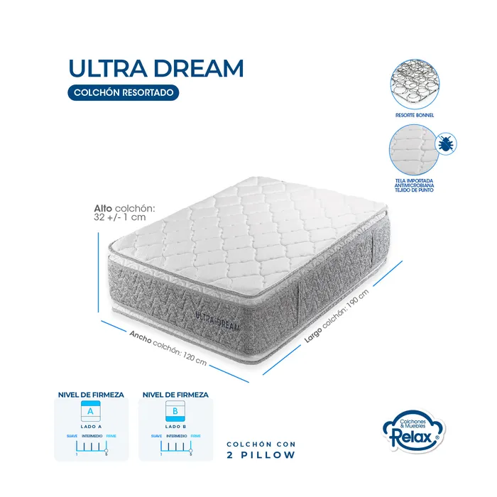 Colchón Semidoble Ultra Dream Colchones Relax 120x190x32cm Ortopédico Resortado Firme + 1 Almohada + 1 Protector MP colchon Ultra Dream semidoble + 1 almohada + portector