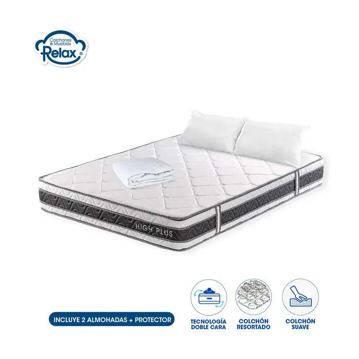 Colchón Doble High Plus Colchones Relax 140x190x24cm Ortopédico Resortado Firmeza Suave + 2 Almohadas + 1 Protector MP colchon High Plus doble + 2 almohadas + protector