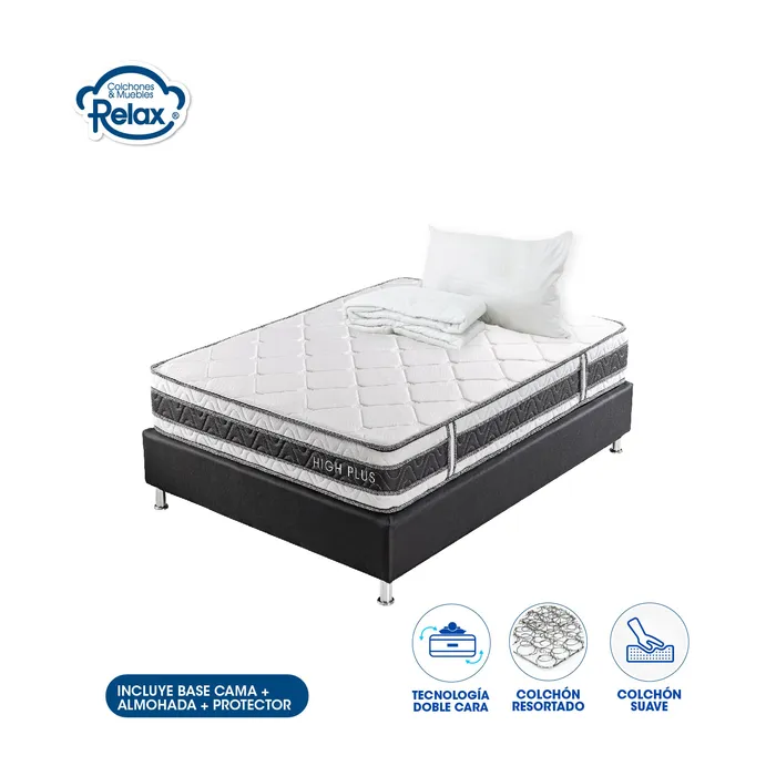 Combo Colchón Sencillo con Base Cama High Plus Colchones Relax 100x190x24cm Ortopédico Resortado Firmeza Suave + 1 Almohada + 1 Protector MP colchon High Plus sencillo+ base cama lona kodra sencilla + 1 almohada + protector