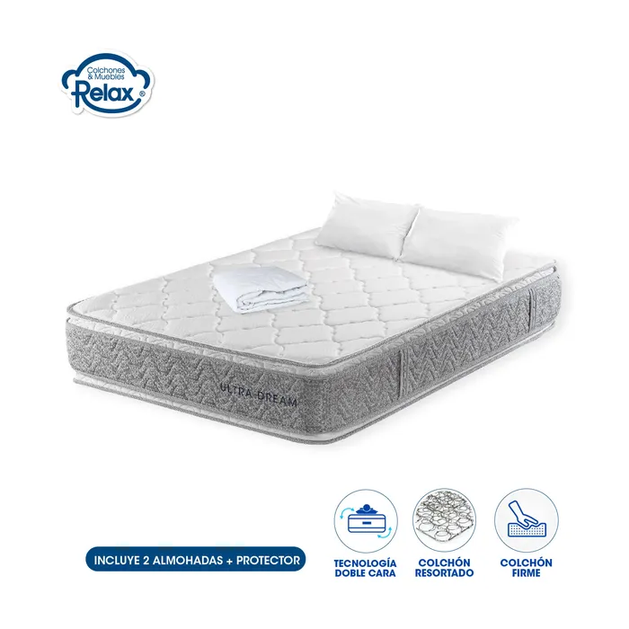 Colchón Queen Ultra Dream Colchones Relax 160x190x32cm Ortopédico Resortado Firme + 2 Almohadas + 1 Protector MP colchon Ultra Dream Queen + 2 almohadas + protector