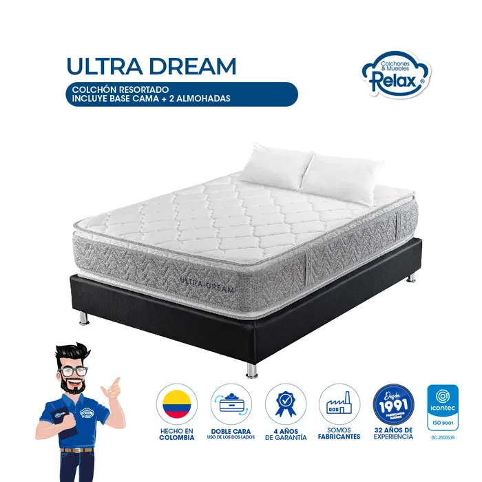 Combo Colchón King Con Base Cama Ultra Dream Colchones Relax 200x200x32cm Ortopédico Resortado Firme + 2 Almohadas MP colchon Ultra Dream King + 2 almohadas  + base cama lona kodra 200