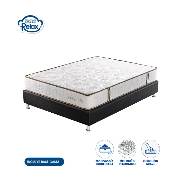 Combo Colchón Doble con Base Cama Easy Life Colchones Relax 140x190x22cm Ortopédico Resortado Firmeza Suave MP colchon Easy Life doble + base cama lona kodra doble