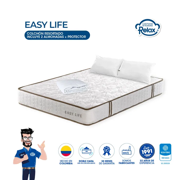 Colchón Doble Easy Life Colchones Relax 140x190x22cm Ortopédico Resortado Firmeza Suave + 2 Almohadas + 1 Protector MP colchon Easy Life doble + 2 almohadas + protector