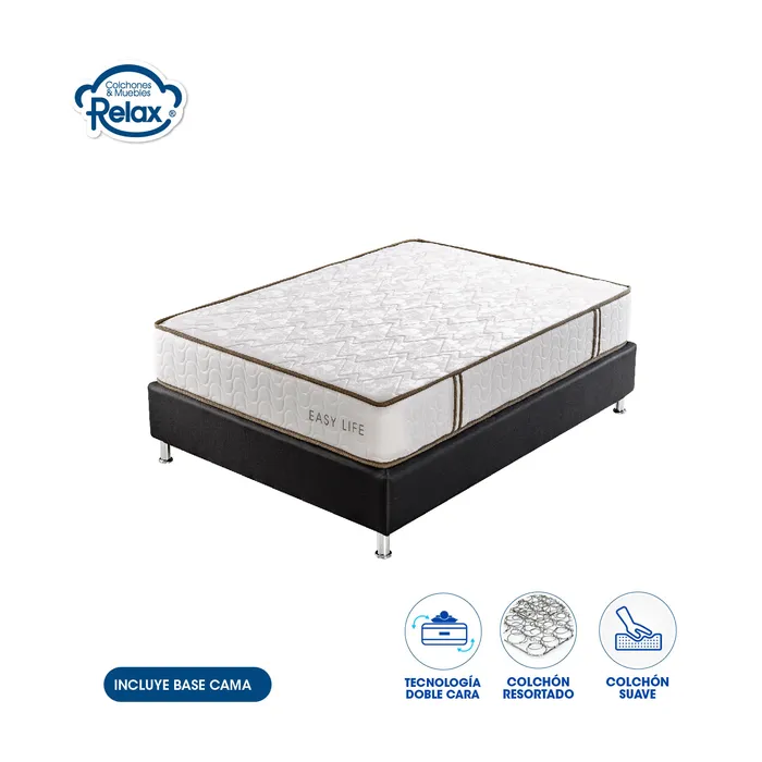 Combo Colchón Semidoble con Base Cama Easy Life Colchones Relax 120x190x22cm Ortopédico Resortado Firmeza Suave MP colchon Easy Life semidoble + base cama lona kodra semidoble