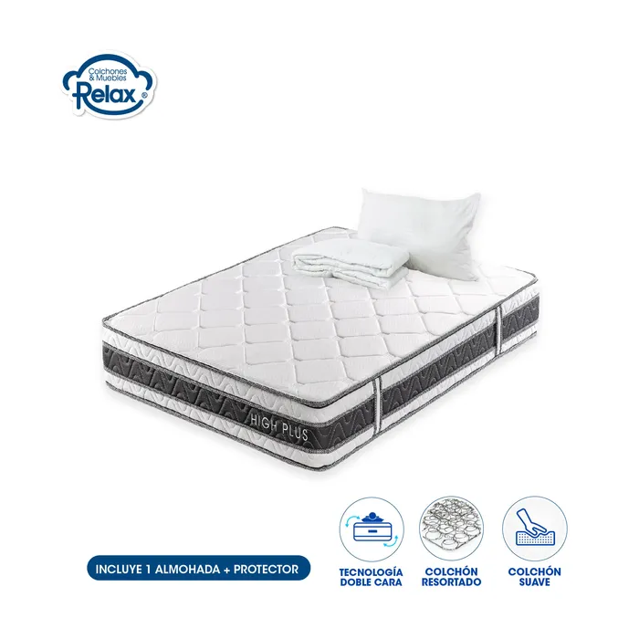 Colchón Semidoble High Plus Colchones Relax 120x190x24cm Ortopédico Resortado Firmeza Suave + 1 Almohada + 1 Protector MP colchon High Plus semidoble + 1 almohada + portector