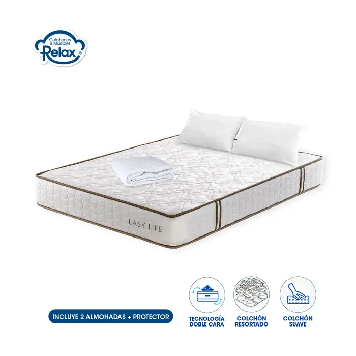 Colchón Doble Easy Life Colchones Relax 140x190x22cm Ortopédico Resortado Firmeza Suave + 2 Almohadas + 1 Protector MP colchon Easy Life doble + 2 almohadas + protector