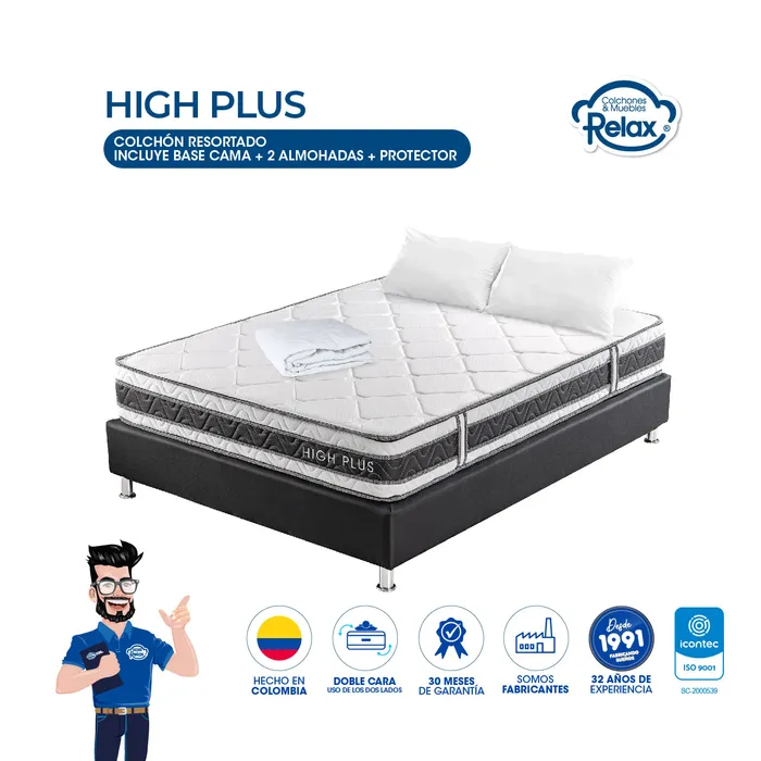 Combo Colchón Doble con Base Cama High Plus Colchones Relax 140x190x24cm Ortopédico Resortado Firmeza Suave + 2 Almohadas + 1 Protector MP colchon High Plus doble + base cama lona kodra doble + 2 almohadas + protector