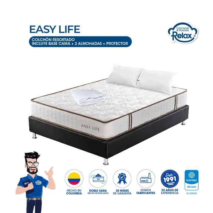 Combo Colchón Doble con Base Cama Easy Life Colchones Relax 140x190x22cm Ortopédico Resortado Firmeza Suave + 2 Almohadas + 1 Protector MP colchon Easy Life doble + base cama lona kodra doble + 2 almohadas + protector