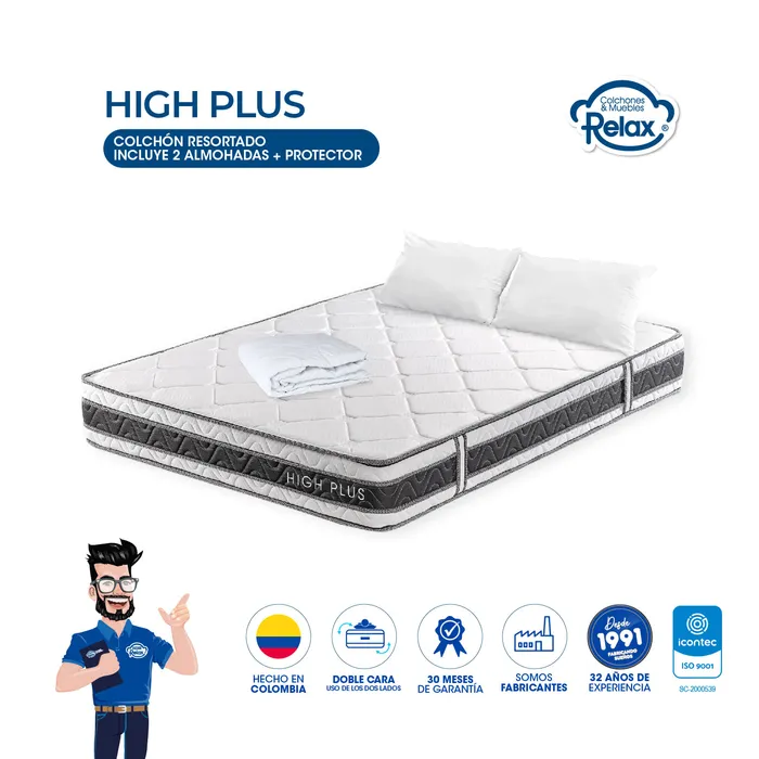 Colchón Doble High Plus Colchones Relax 140x190x24cm Ortopédico Resortado Firmeza Suave + 2 Almohadas + 1 Protector MP colchon High Plus doble + 2 almohadas + protector