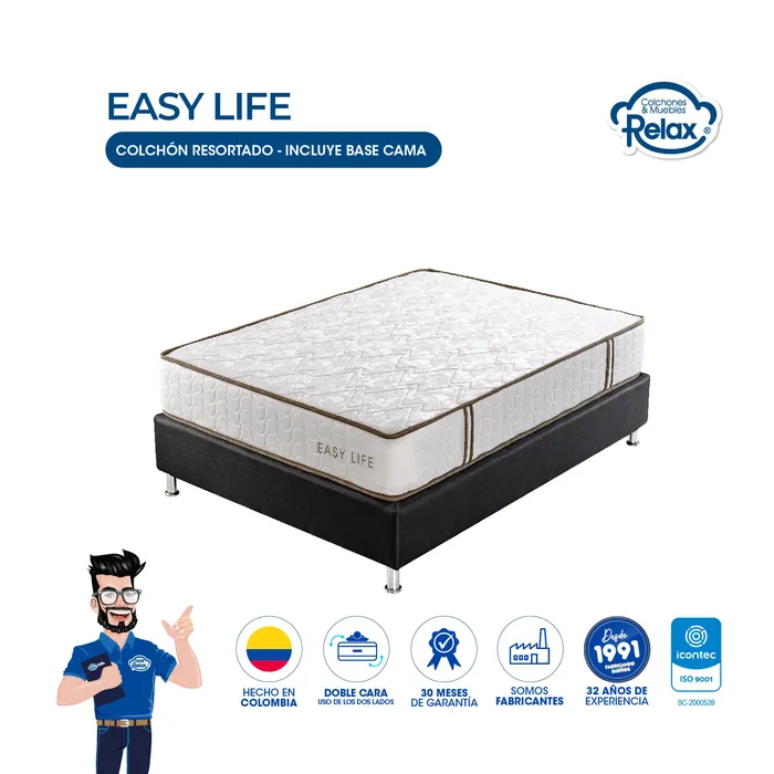 Combo Colchón Semidoble con Base Cama Easy Life Colchones Relax 120x190x22cm Ortopédico Resortado Firmeza Suave MP colchon Easy Life semidoble + base cama lona kodra semidoble