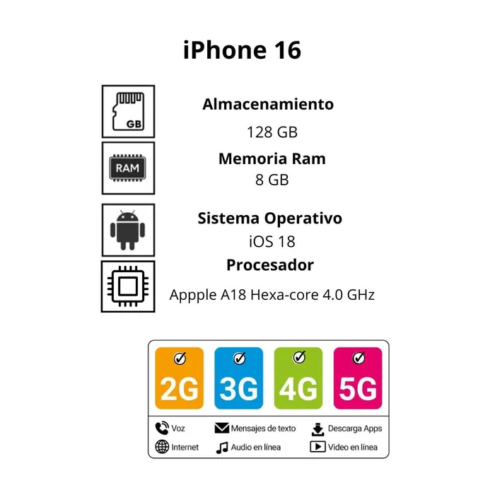 Celular iPhone 16 128GB Blanco