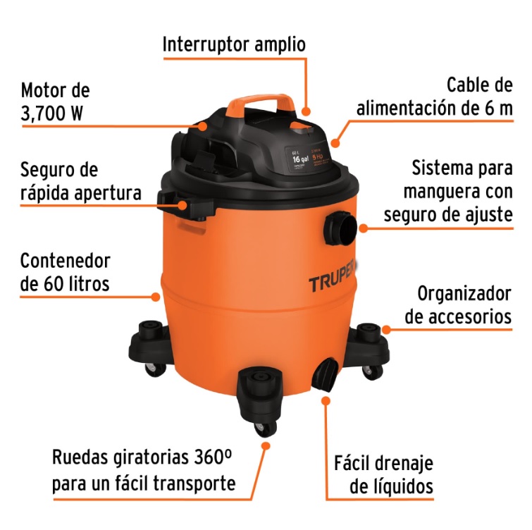 Aspiradora de sólidos y líquidos de 6 gal plástica marca Truper – Lumi  Material Electrico