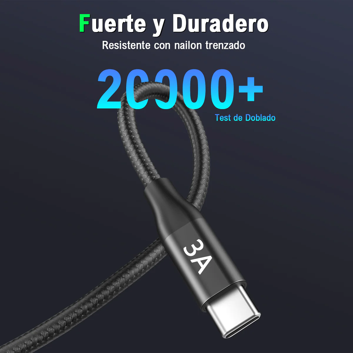 Cable USB 1Hora 1 metro, Entrada y Salida Tipo C, Carga Rápida 3A, Nailon  Reforzado; Negro