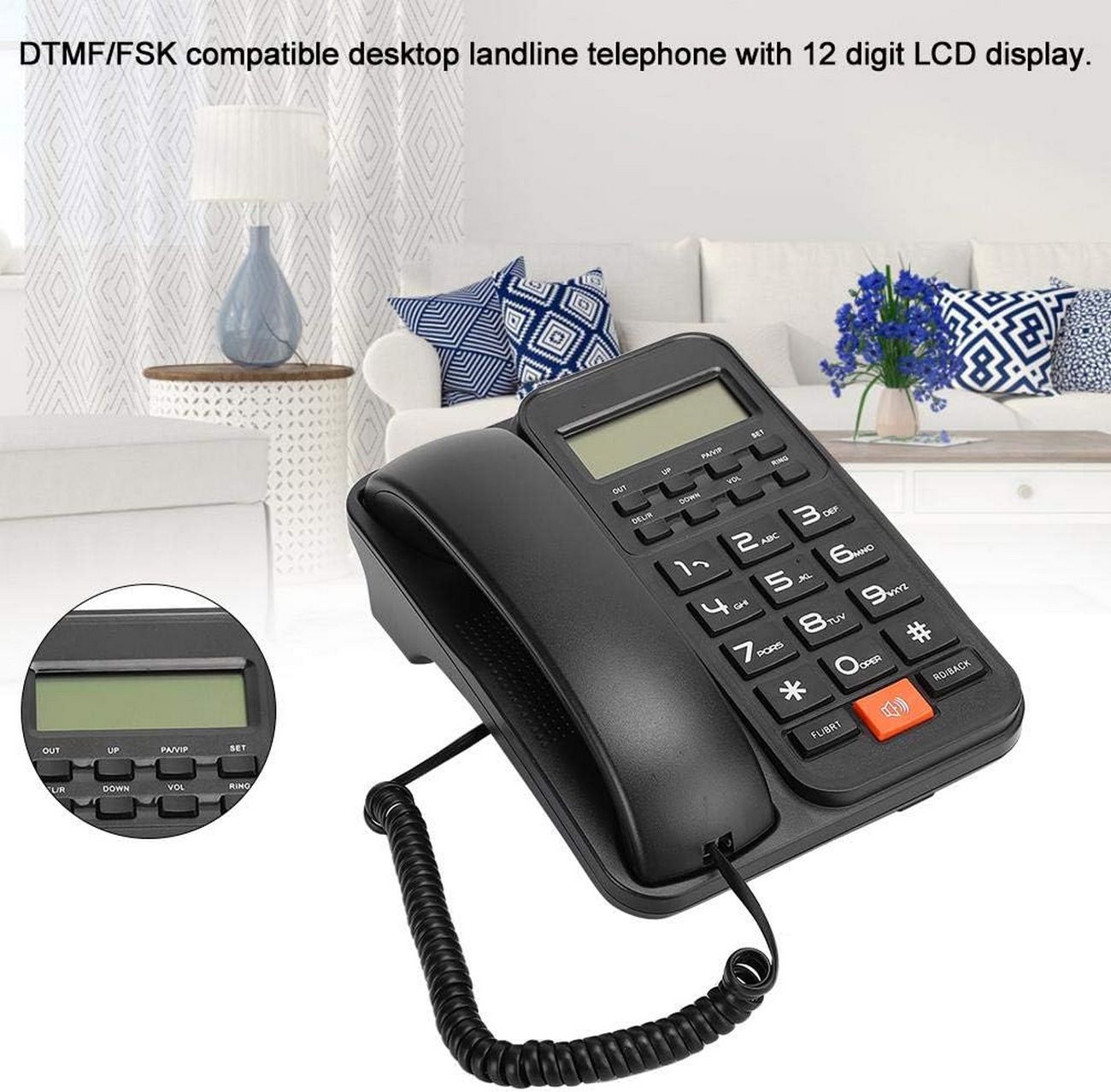 Teléfono fijo con cable, teléfono escritorio con identificador llamadas,  pantalla LCD estable, clara, DTMF/FSK para
