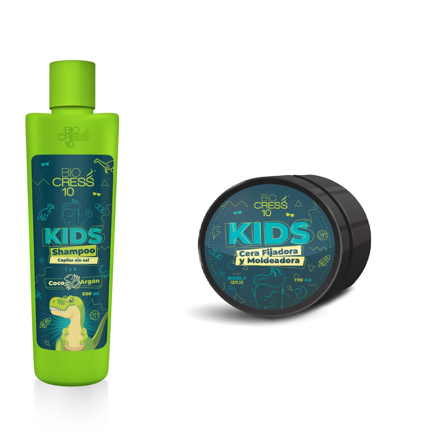 Kit  Shampoo Kids Sin Sal Con Coco Y Argan Mas Cera Fijadora  Y Moldeadora Kids  Bio Cress 10