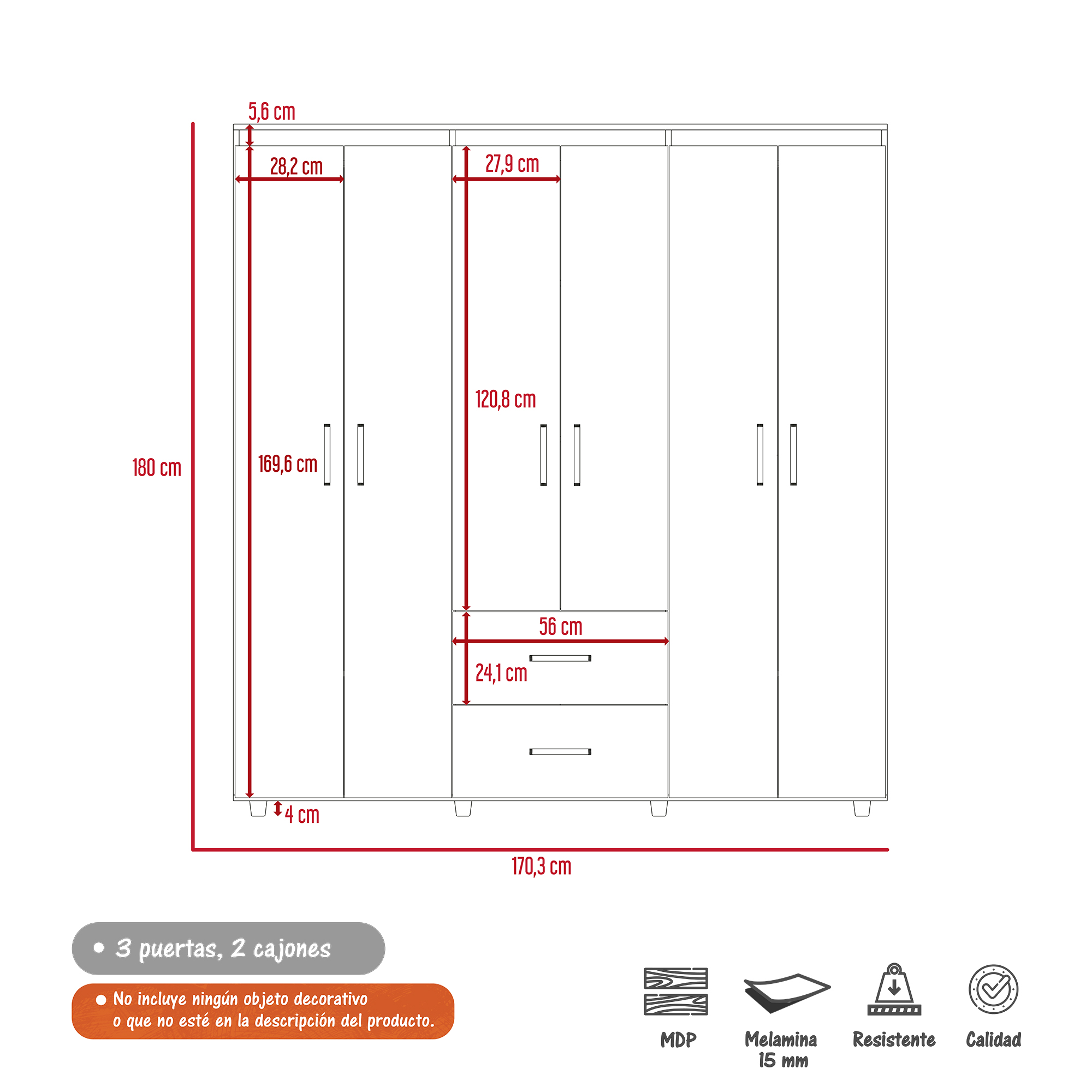 Closet Moderno en Melamina 6 Puertas 2 Cajones 180 x 170 x 50 cm RTA Design  - Mueble RTA MUEBLES